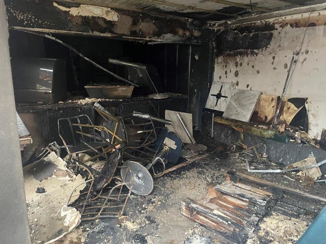 Damage to a cafe in Belfast including burnt furniture 