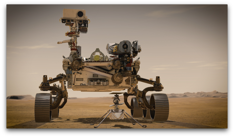 On February 18, 2021, NASA's Mars Perseverance rover and Ingenuity helicopter (shown in an artist's concept) will be the two newest explorers on the red planet. / Credit: NASA/JPL-Caltech