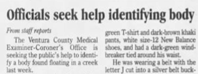 A story about a body found in the Los Padres National Forest was printed in the Dec. 28, 2001, edition of the Ventura County Star.