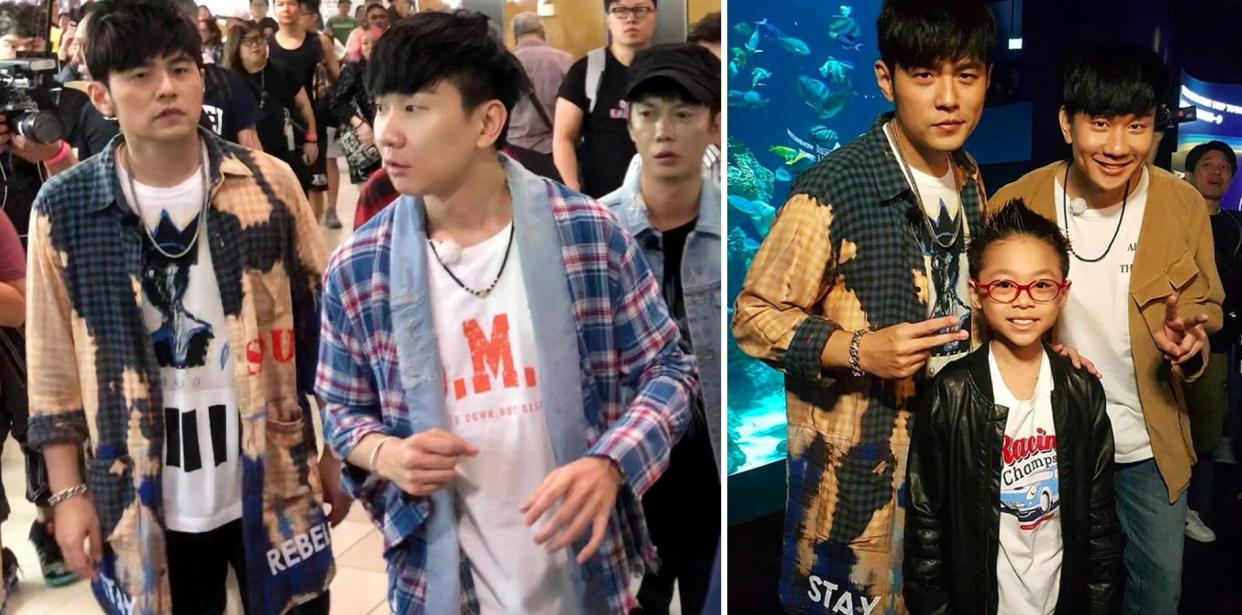 Jay Chou and JJ Lin spotted at Sim Lim Square (left) and at S.E.A. Aquarium (right). (PHOTOS: Lee Wei Soong/Facebook, Nhi Ngo/Instagram)