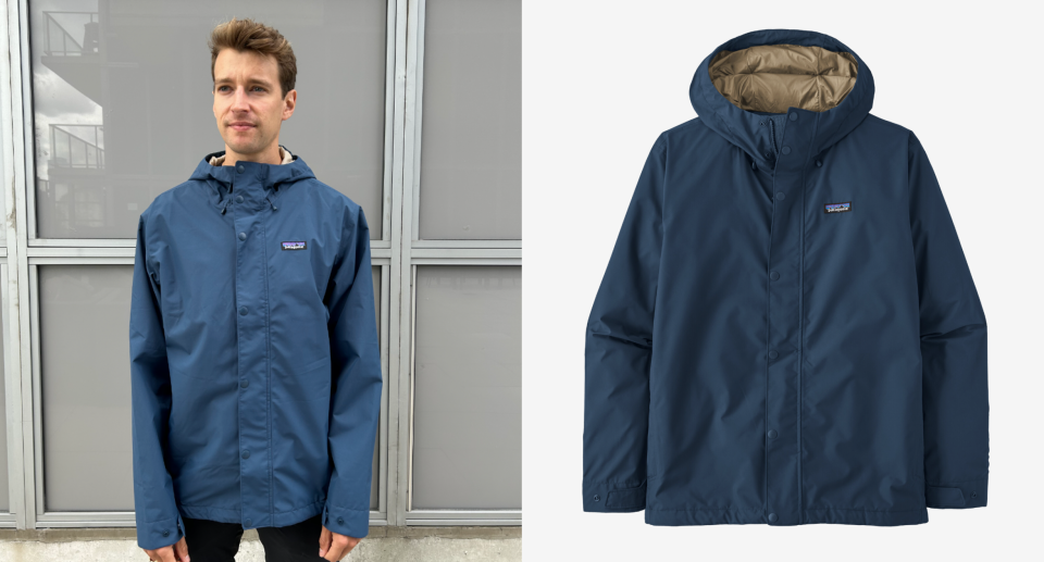 split screen of blonde man wearing navy blue short rain jacket, Patagonia's Men’s Jackson Glacier Rain Jacket wins the award for best bang for your buck (photos via author & Patagonia)