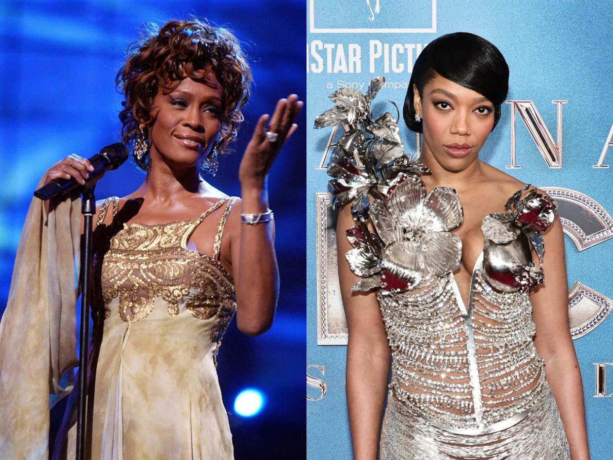 Whitney Houston on stage during the 2004 World Music Awards on September 15, 2004 (L) and Naomi Ackie attends "Whitney Houston: I Want To Dance With Somebody" World Premiere at AMC Lincoln Square Theater on December 13, 2022 in New York City (R).
