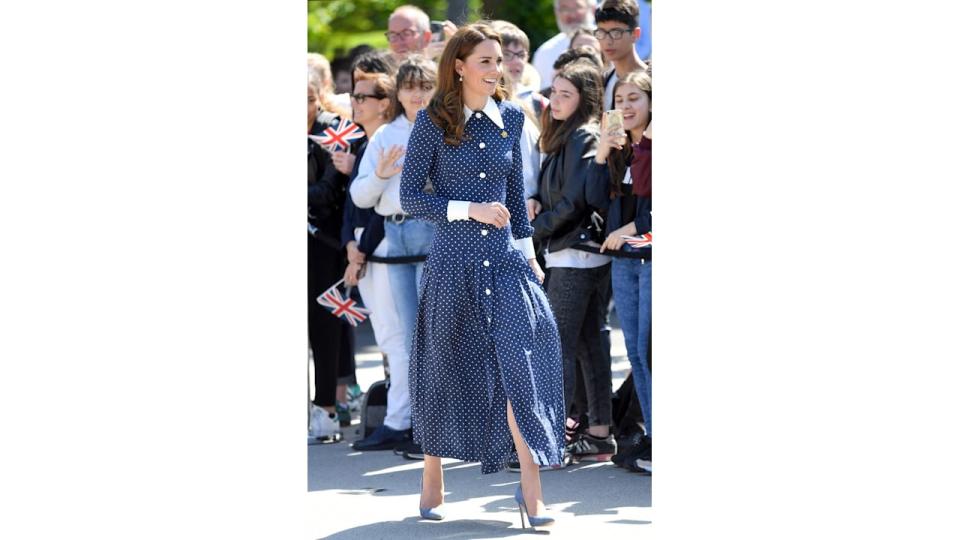 princess kate in navy polka dot dress at d day exhibition 