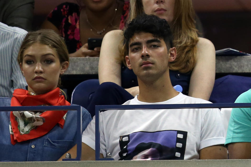 NEW YORK, NY - SEPTEMBER 08:  Model Gigi Hadid and Singer Joe Jonas attend the Women's Singles Quarterfinals match between Serena Williams of the United States and Venus Williams of the United States on Day Nine of the 2015 US Open at the USTA Billie Jean King National Tennis Center on September 8, 2015 in the Flushing neighborhood of the Queens borough of New York City.  (Photo by Matthew Stockman/Getty Images)