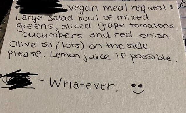 The vegan guest wrote their "tacky" request on the reverse of the RSVP they sent back to the bride [Image: Facebook]