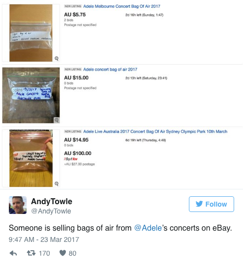 Someone is selling a "bag of air" from Adele's concert on eBay, and people are actually bidding on it. This brings new meaning to "celebrity souvenirs.”