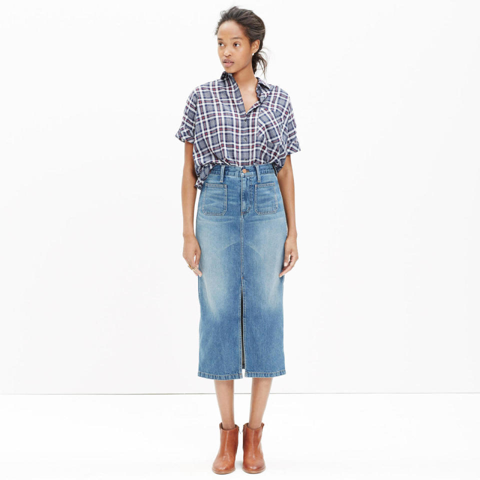 <p>Madewell Denim Midi Skirt, $89.50, <a href="https://www.madewell.com/madewell_category/DENIMBAR/evenmoredenim/PRDOVR~E0954/E0954.jsp" rel="nofollow noopener" target="_blank" data-ylk="slk:madewell.com;elm:context_link;itc:0;sec:content-canvas" class="link ">madewell.com</a><br><br></p>