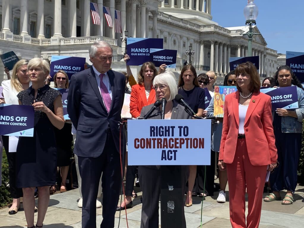 Massachusetts Democratic Sen. Ed Markey, left, Washington Democratic Sen. Patty Murray, center, and North Carolina Democratic Rep. Kathy Manning at a press conference on contraception access outside the U.S. Capitol on Wednesday, June 14, 2023. (Jennifer Shutt/States Newsroom)