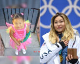 <p><strong>THEN:</strong> 5-year-old Chloe Kim plays a fairy princess.<br><strong>NOW:</strong> She’s a 17-year-old snowboarding sensation and Olympic gold medalist.<br> (Photo via Instagram/chloekimsnow, Photo by Kirill Kudryavtsev/AFP/Getty Images) </p>