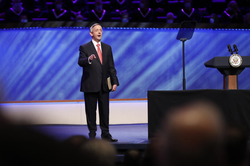 FILE - In this Sunday, June 28, 2020 file photo, Senior Pastor Dr. Robert Jeffress addresses attendees before Vice President Mike Pence made comments at the Southern Baptist megachurch First Baptist Dallas during a Celebrate Freedom Rally in Dallas. In the days after the Nov. 3, 2020 election, Jeffress said it was premature to be talking about a Biden presidency, noting that Al Gore and George W. Bush spent weeks contesting the results of the 2000 election before the Supreme Court ruled in Bush’s favor. (AP Photo/Tony Gutierrez)