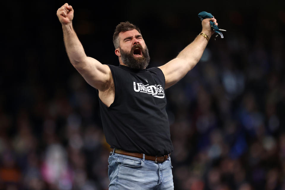 PHILADELPHIA, PENNSYLVANIA - APRIL 06: Former NFL player Jason Kelce reacts following a match during Night One of WrestleMania 40 at Lincoln Financial Field on April 06, 2024 in Philadelphia, Pennsylvania. (Photo by Tim Nwachukwu/Getty Images)