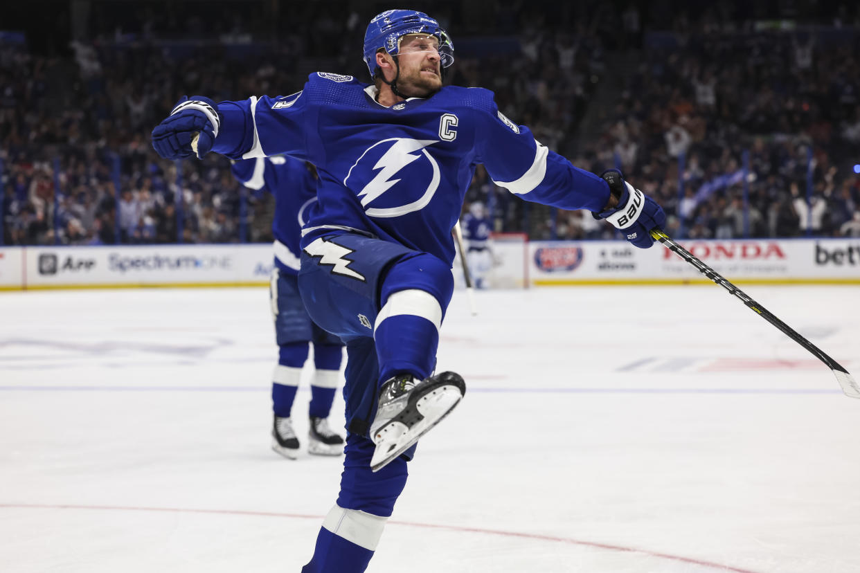 TAMPA, FL - APRIL 27: Steven Stamkos #91 of the Tampa Bay Lightning celebrates a goal against the Florida Panthers in Game Four of the First Round of the 2024 Stanley Cup Playoffs at Amalie Arena on April 27, 2024 in Tampa, Florida. (Photo by Mark LoMoglio/NHLI via Getty Images)
