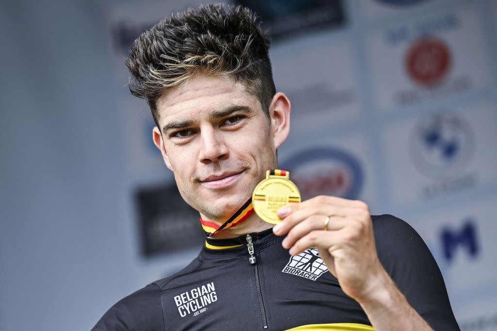  Wout van Aert celebrates his 2023 Belgian Nationals time trial title 