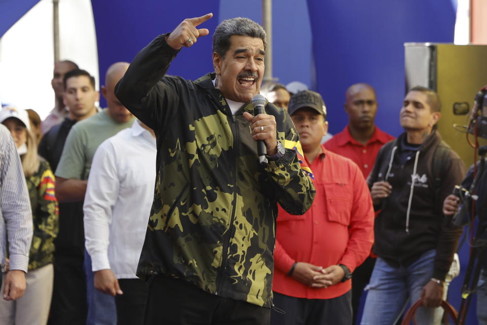 Venezuela's President Nicolas Maduro speaks during an event marking the anniversary of the 1958 coup that overthrew dictator Marcos Perez Jimenez, in Caracas, Venezuela, Tuesday, Jan. 23, 2024. (AP Photo/Jesus Vargas)