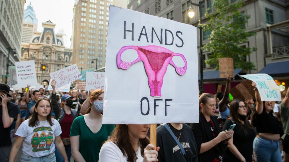 Abortion-rights advocates in Philadelphia protest the Supreme Court’s decision to overturn Roe V. Wade on Friday, June 24, 2022.  