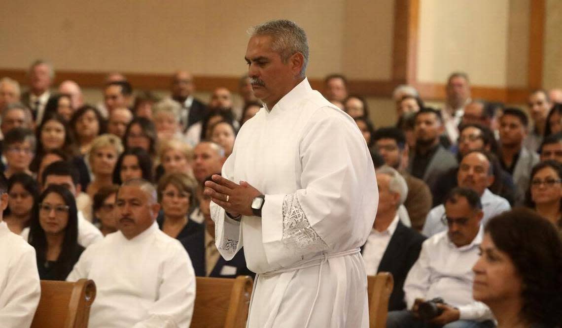 Paul Patrick Márquez participates in the Mass of Ordination to the Order of Deacon at Holy Spirit Catholic Church in Fresno on Oct. 1, 2022.