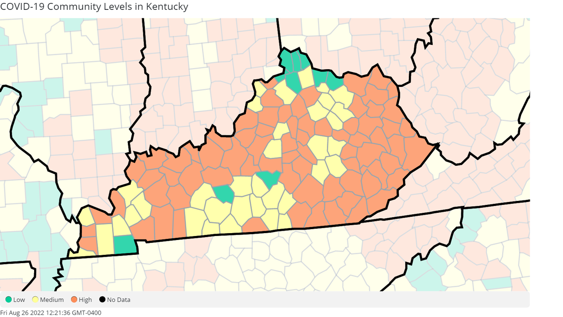 Kentucky’s COVID-19 Community Levels as of Thursday, Aug. 25, 2022, per the Centers for Disease Control and Prevention.