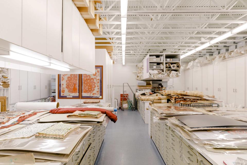 A peek inside Kravet’s archive at the company’s Bethpage, New York, headquarters, where the original Brunschwig & Fils Les Touches pattern is stored.