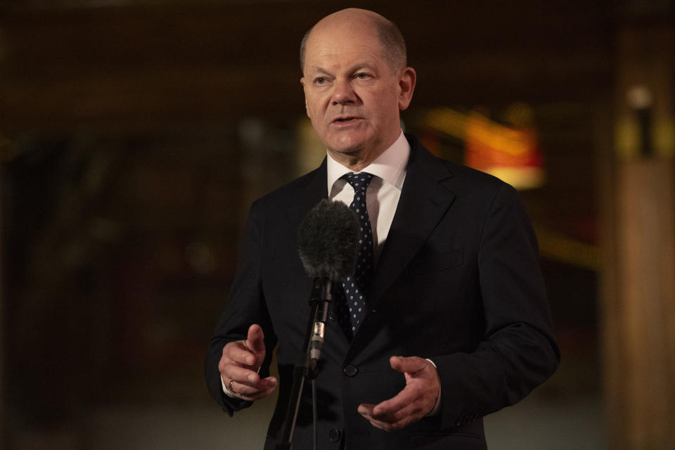 German Chancellor Olaf Scholz speaks during a press conference in Beijing, China, Tuesday, April 16, 2024. German Chancellor Olaf Scholz is on a 3 day visit to China. (Andres Martinez Casares, Pool Photo via AP)