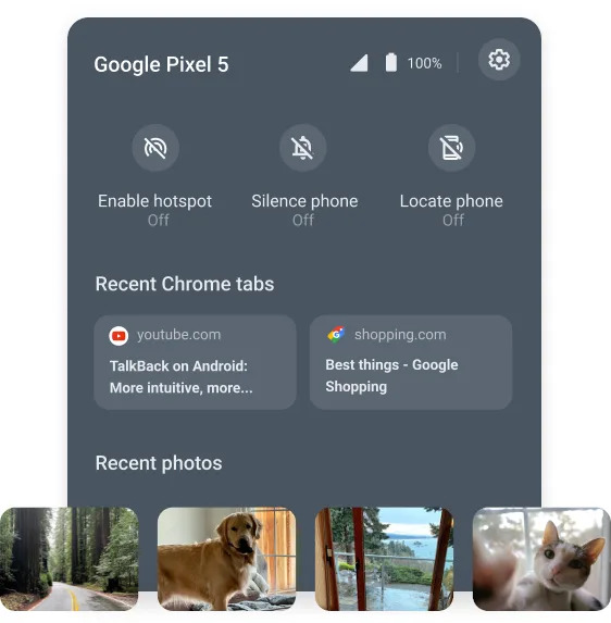 Recent photos taken with a connected Android phone will automatically appear in a Chromebook's Phone Hub app.