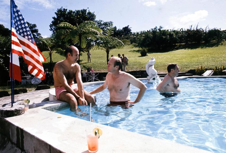 French president Valéry Giscard d'Estaing, US president Gerald Ford and Secretary of State Henry Kissinger in 1974 in Martinique - Bernard CHARLON/Gamma-Rapho via Getty Images