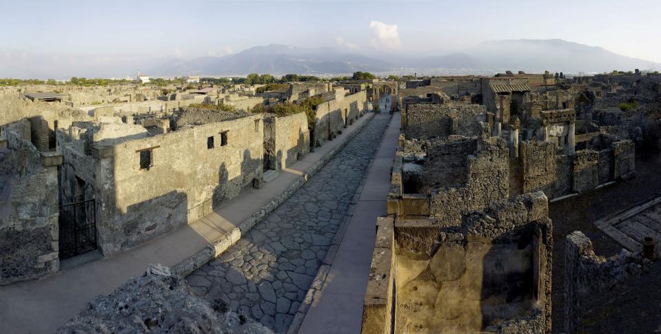 Undated handout photo issued by the British Musuem Thursday Sept. 20, 2012 of Pompeii, Bay of Naples, Italy as dozens of objects recovered from the ruins of Roman cities Pompeii and Herculaneum will go on show outside Italy for the first time at a new exhibition at the museum. The two cities on the Bay of Naples were wiped out by the eruption of Mount Vesuvius in 79 AD. The show will feature objects found in their ruins including jewellery, carbonised food and a baby’s crib that still rocks on its curved runners. The exhibition will run March 28 to Sept. 29, 2013. (AP Photo/The Trustees of the British Museum)