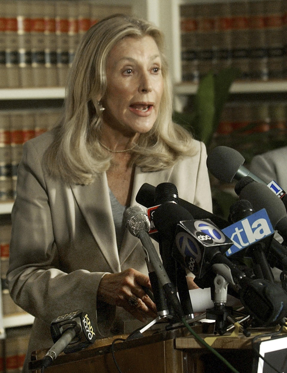 FILE - In this Monday, Sept. 15, 2003 file photo, Ramona Ripston, executive director of American Civil Liberties Union of Southern California, speaks at a news conference in reaction to the announcement that the 9th U.S. Circuit Court of Appeals postponed California's Oct. 7 gubernatorial recall election ruling the historic vote cannot proceed as scheduled because some votes would be cast using outmoded punch-card ballot machines, in Los Angeles. Ripston, a longtime activist who built up the American Civil Liberties Union of Southern California into a major organization, has died at age 91. Ripston died Saturday, Nov. 3, 2018, at her home after several years of illness, said David Colker, a spokesman for the chapter. (AP Photo/Ric Francis, File)