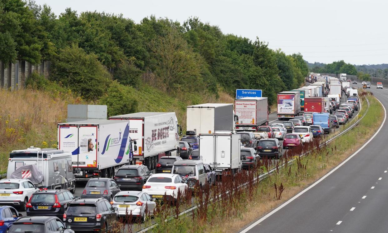 <span>Traffic queues on the M20 near the Channel crossing at Folkestone, Kent, in 2022.</span><span>Photograph: Gareth Fuller/PA</span>