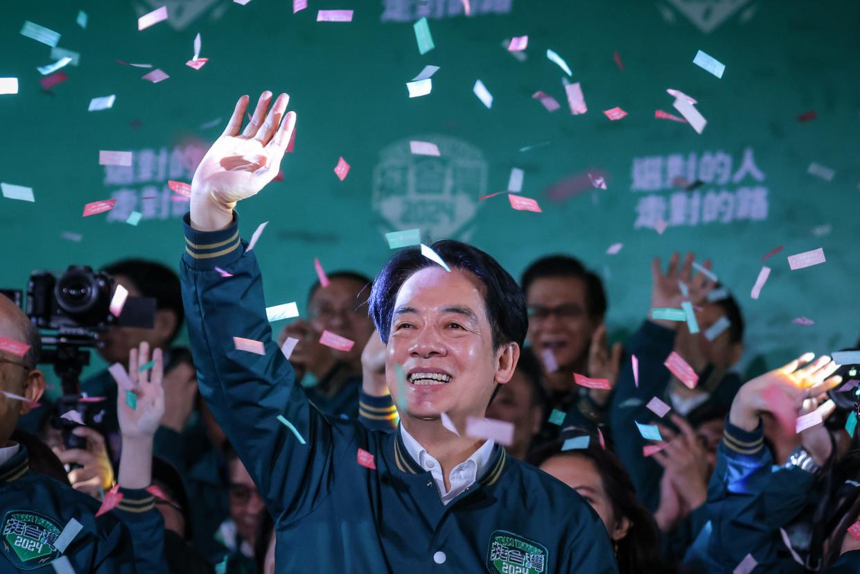 Taiwan's Vice President and presidential-elect from the Democratic Progressive Party Lai Ching-te at a rally at the party's headquarters on January 13, 2024 in Taipei, Taiwan.