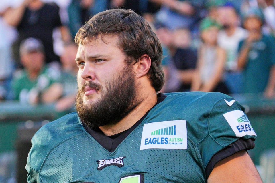 Eagles guard Joshua Sills during training camp on Aug. 7, 2022. (Andy Lewis / Icon Sportswire via Getty Images file)