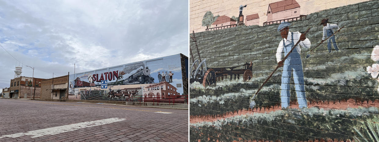 A mural in downtown Slaton, Texas, features Black workers in a cotton field. (Mike Hixenbaugh  / NBC News)