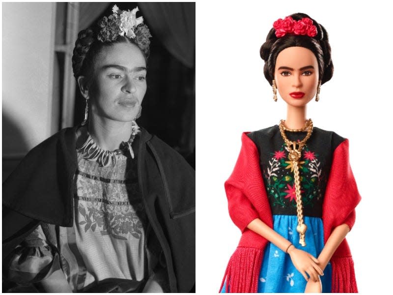 Frieda Kahlo as a Barbie in a side by side image