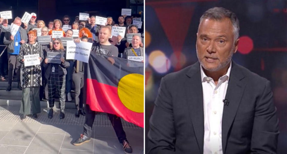 ABC employees protesting outside the Melbourne headquarters on Monday and Stan Grant on Q&A.