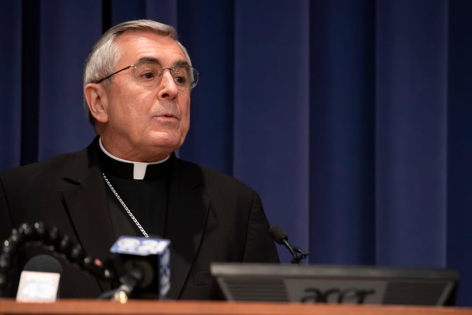 Bishop Ronald W. Gainer delivers a statement after it was announced the Roman Catholic Diocese of Harrisburg filed for Chapter 11 bankruptcy on Wednesday, Feb. 19, 2020.