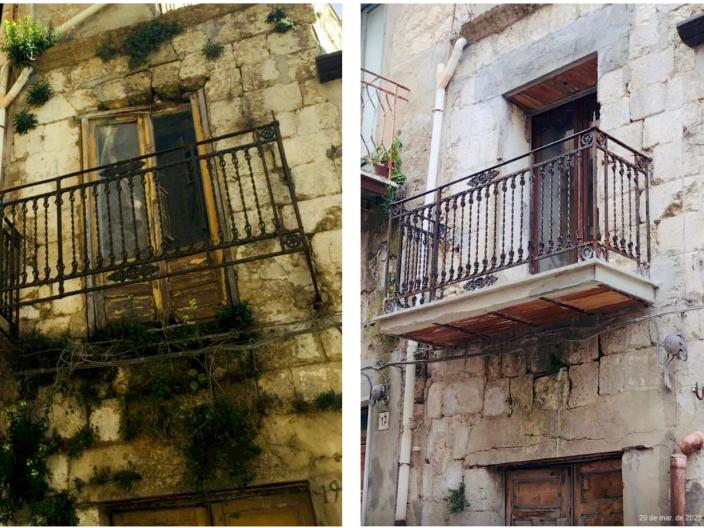 A collage showing the facade on one of her houses before and after restoration.