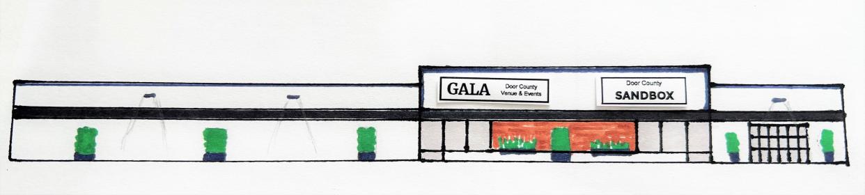 A rough rendering of a possible facade for Door County Sandbox, a bar/restaurant with ax throwing, golf simulators and other virtual sports, and Door County Gala, an events center and entertainment and concert site. Both are being built in the long-closed Pamida store in Sturgeon Bay and expected to open by December.