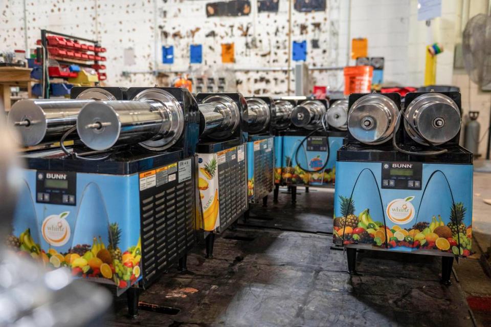 Rows of juice machines now sit unused in Smart Beverage’s warehouse.