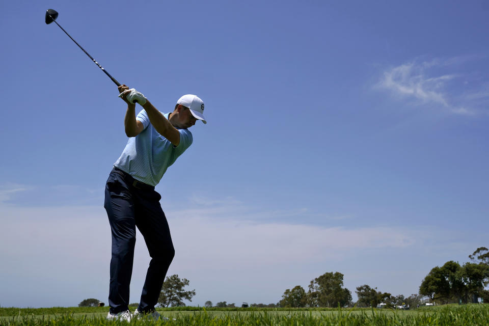 Jordan Spieth plays his shot from the 14th tee during a practice round of the U.S. Open Golf Championship, Tuesday, June 15, 2021, at Torrey Pines Golf Course in San Diego. (AP Photo/Marcio Jose Sanchez)