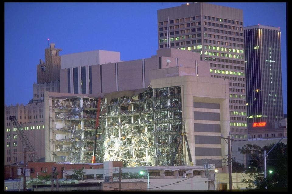 The aftermath of the Oklahoma City Bombing in 1995. <a href="https://www.gettyimages.com/detail/news-photo/terrorist-bomb-attack-on-oklahoma-building-news-photo/539740470?phrase=oklahoma%20city%20bombing&adppopup=true" rel="nofollow noopener" target="_blank" data-ylk="slk:Robert Daemmrich Photography Inc/Sygma via Getty Images;elm:context_link;itc:0;sec:content-canvas" class="link ">Robert Daemmrich Photography Inc/Sygma via Getty Images</a>