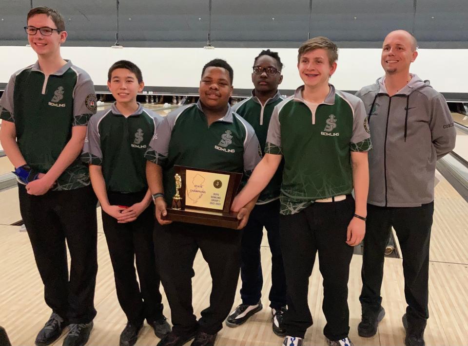 After St. Joseph of Metuchen won the NJSIAA Group 1 boys bowling title on Monday, Falcons coach Rusty Thomsen (right) got together with the other group-championship coaches to organize an unofficial tournament of champions.