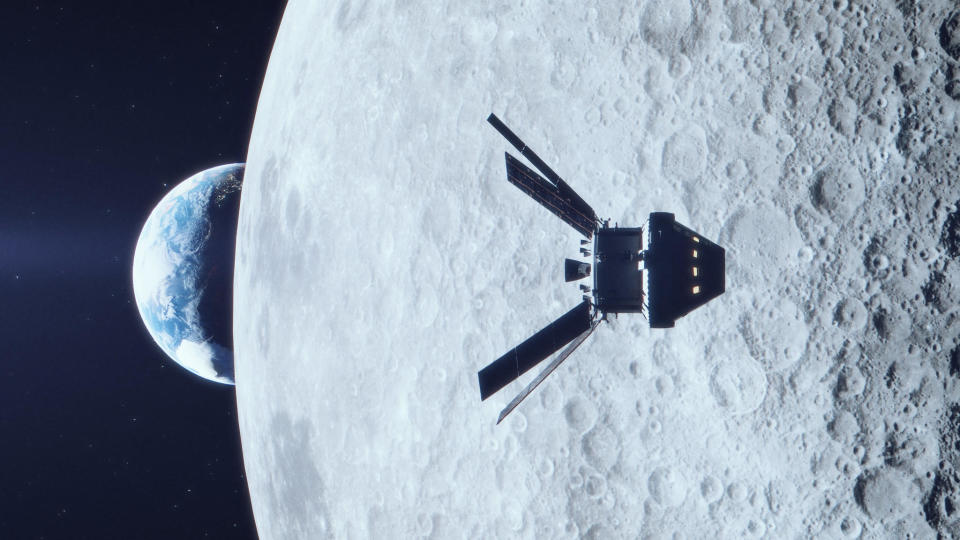 An artist's impression of the unpiloted Artemis 1 Orion spacecraft passing by the moon. / Credit: NASA