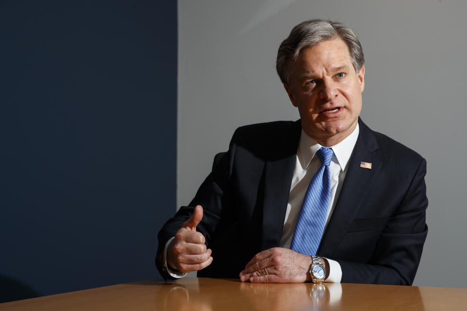 FBI Director Christopher Wray speaks during an interview with The Associated Press, Monday, Dec. 9, 2019, in Washington. Wray says the problems found by the Justice Department watchdog examining the origins of the Russia probe are “unacceptable." (AP Photo/Jacquelyn Martin)