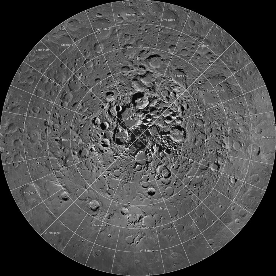 A high resolution mosaic of our moon's north polar region is seen in this undated handout image taken by scientists using cameras aboard NASA's Lunar Reconnaissance Orbiter (LRO). The six-and-a-half feet (two-meters)-per-pixel images cover an area equal to more than one-quarter of the United States. The images making up the mosaic were taken by the two LRO Narrow Angle Cameras, which are part of the instrument suite known as the Lunar Reconnaissance Orbiter Camera. REUTERS/NASA/GSFC/Arizona State University/Handout (OUTER SPACE - Tags: SCIENCE TECHNOLOGY) THIS IMAGE HAS BEEN SUPPLIED BY A THIRD PARTY. IT IS DISTRIBUTED, EXACTLY AS RECEIVED BY REUTERS, AS A SERVICE TO CLIENTS. FOR EDITORIAL USE ONLY. NOT FOR SALE FOR MARKETING OR ADVERTISING CAMPAIGNS