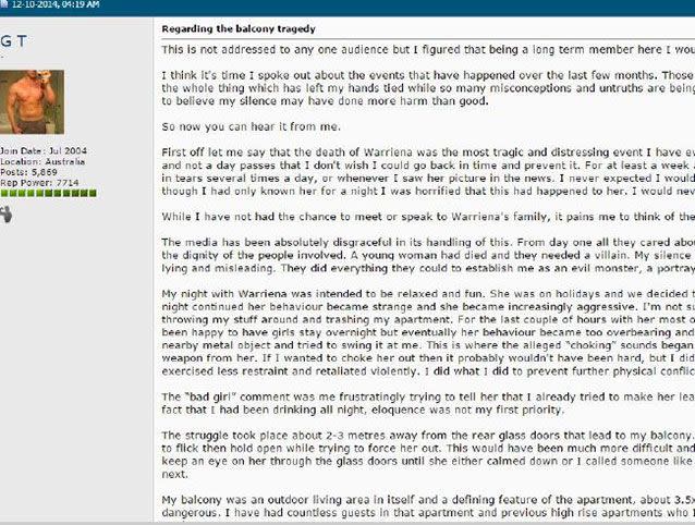 Tostee made the post on a bodybuilding forum in December 2014 - four months after Warriena Wright fell to her death.