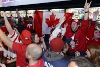 Fans celebrate Team Canada's gold medal win over Sweden in their men's ice hockey game at the Sochi 2014 Winter Olympic Games, at a gathering in Toronto February 23, 2014. REUTERS/Aaron Harris (CANADA - Tags: SPORT OLYMPICS ICE HOCKEY)