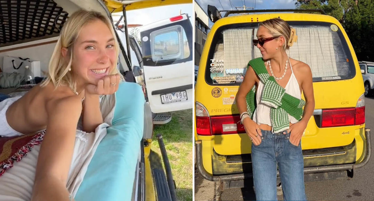 Canadian woman Jordy Kummer insider her yellow Kia van travelling Australia