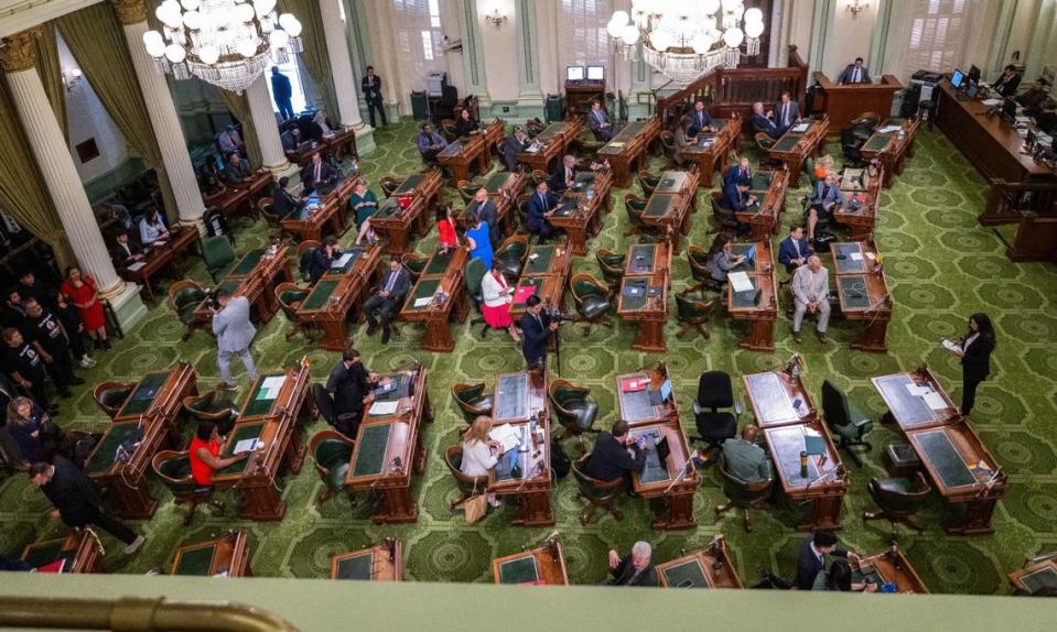 Assemblywoman Sabrina Cervantes, D-Riverside, on Thursday, June 6, 2024 reads a resolution calling for June to be immigrant heritage month on the state Assembly floor.