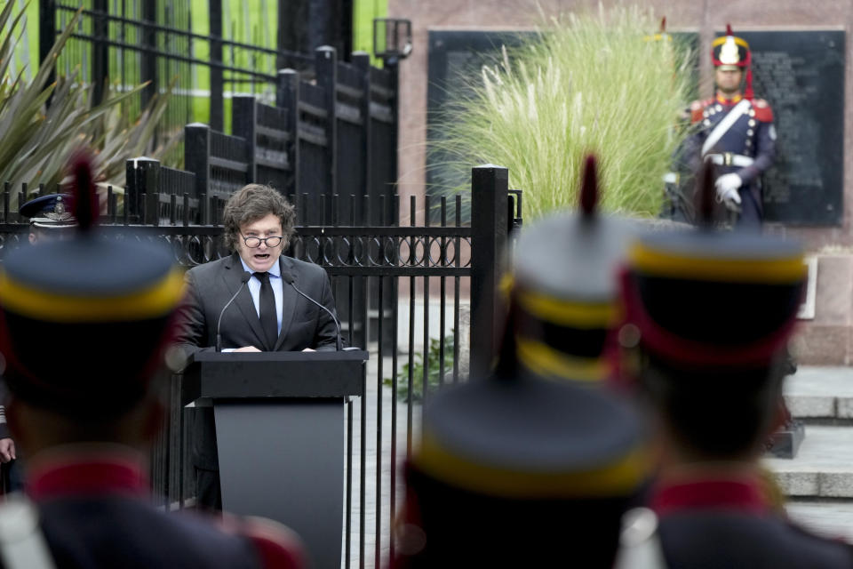 Argentine President Javier Milei talks at the official ceremony commemorating the 42nd anniversary of the conflict between Argentina and Great Britain over the Falkland Islands or Malvinas Islands at a war memorial in Buenos Aires, Argentina, Tuesday, April 2, 2024. (AP Photo/Natacha Pisarenko)