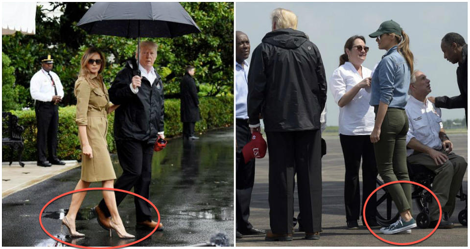 Melania received flack as she walked across the White House lawn in stilettos, before switching to sneakers [Photo: Getty]