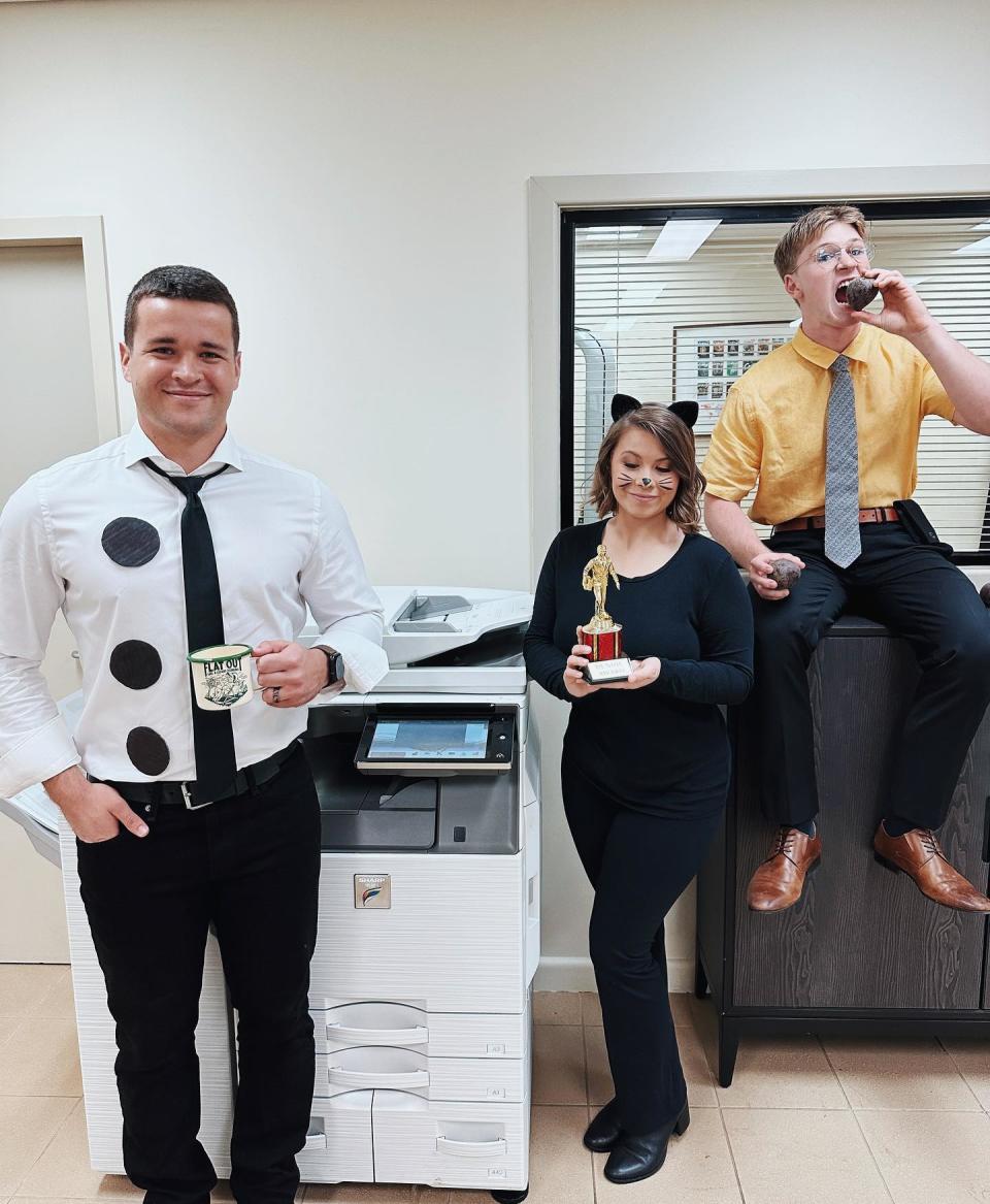Robert Irwin, Bindi Irwin and Chandler Powell dressed as The Office characters